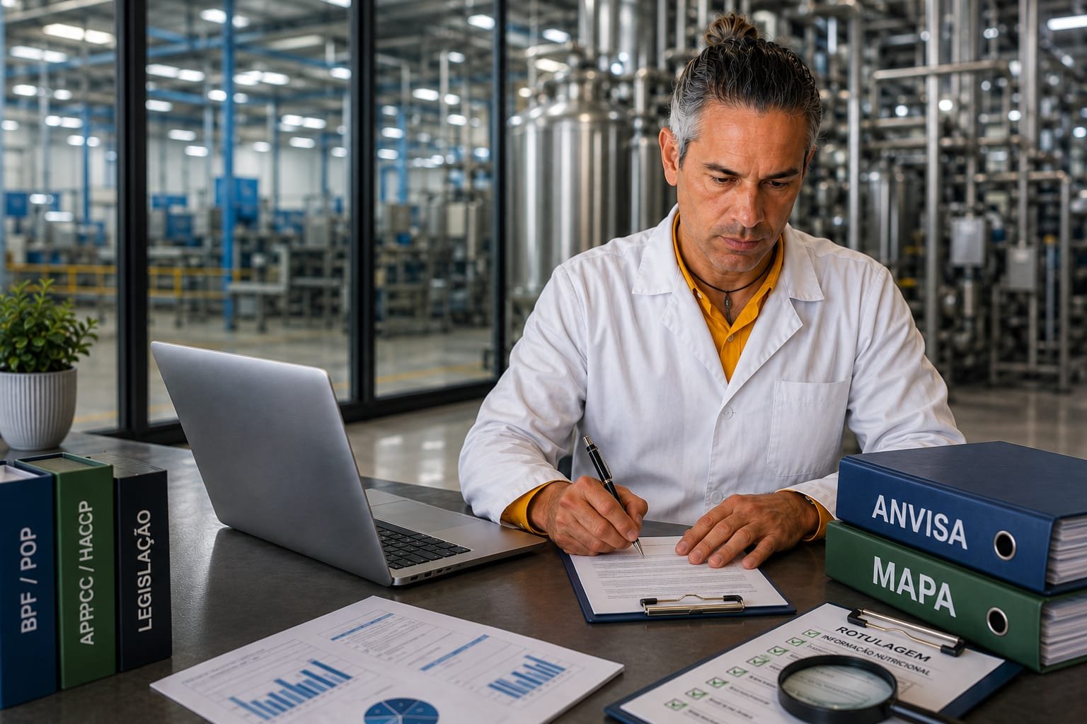 Consultor técnico analisando documentos e BPF em indústria de alimentos